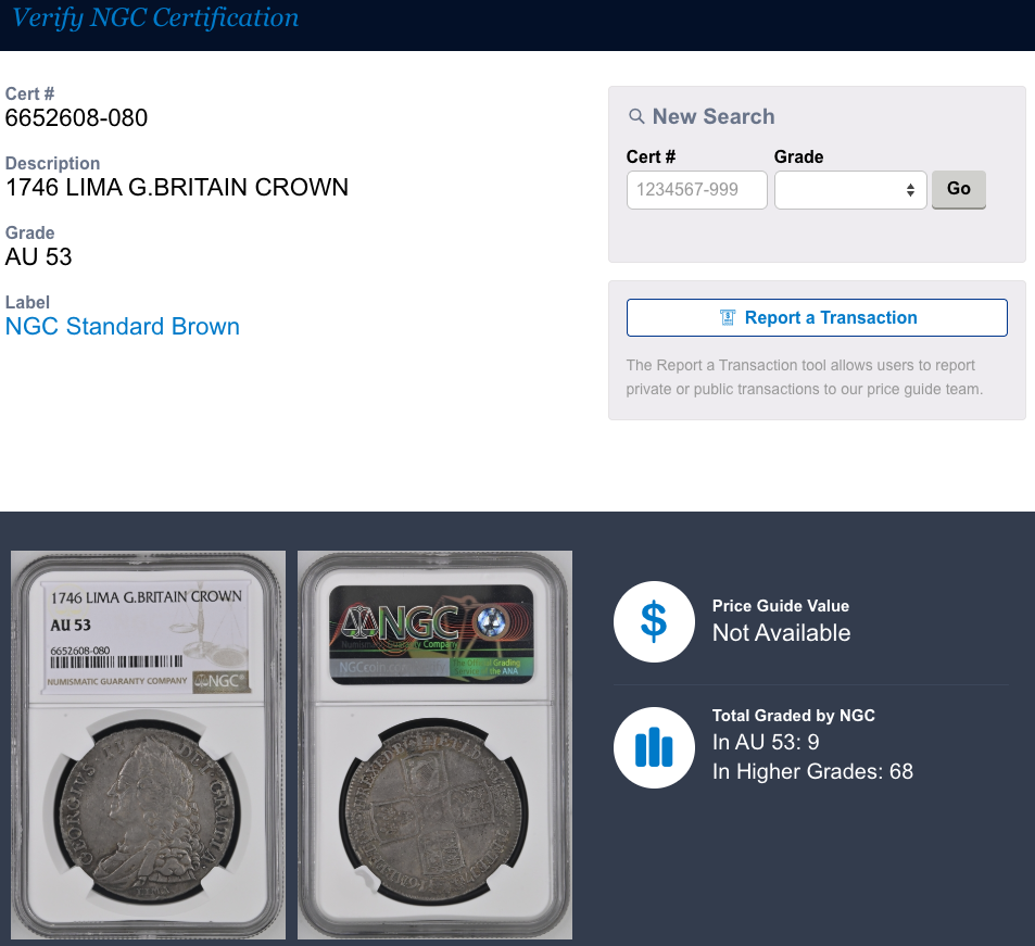 1746年 イギリス ジョージ2世 LIMA クラウン銀貨 NGC AU53