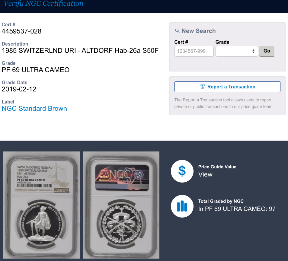 1985年 スイス ウーリ アルトドルフ 射撃祭 50フラン銀貨 NGC PF69 UCAM