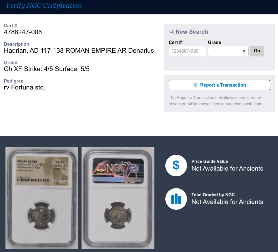 AD117-138年 古代ローマ帝国 ハドリアヌス帝 デナリウス銀貨 NGC Ch XF Strike:4/5 Surface:5/5