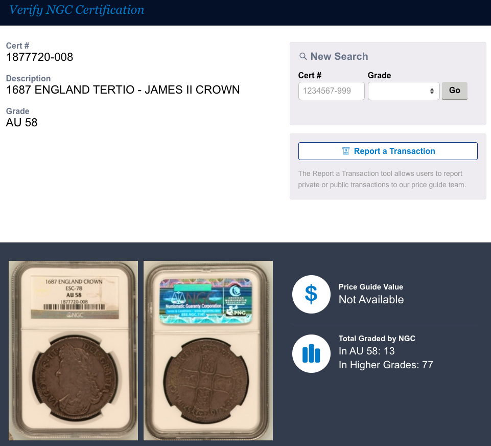 1687年 イギリス ジェームス2世 TERTIO クラウン銀貨 NGC AU58