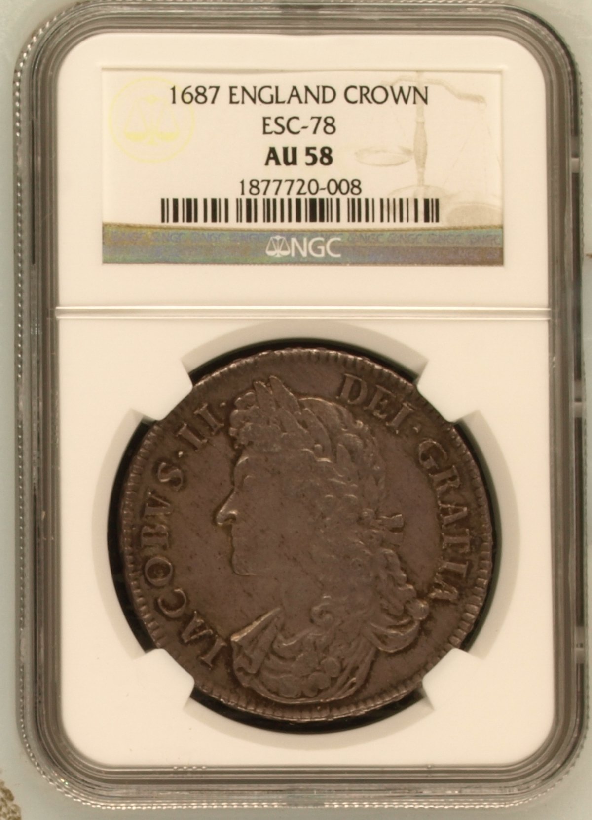 1687年 イギリス ジェームス2世 TERTIO クラウン銀貨 NGC AU58