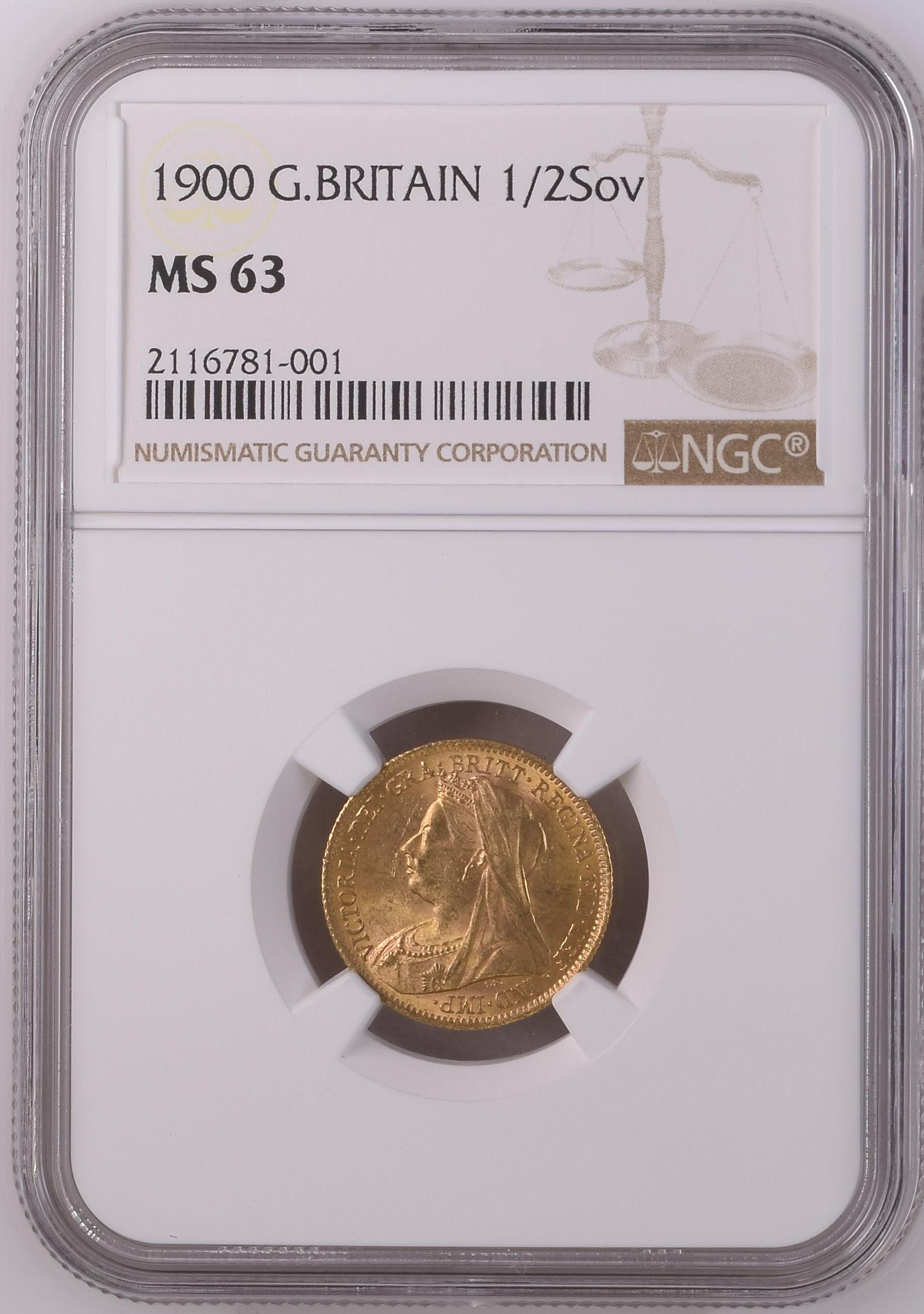 1900年 イギリス ヴィクトリア オールドヘッド 1/2ソブリン金貨 NGC MS63