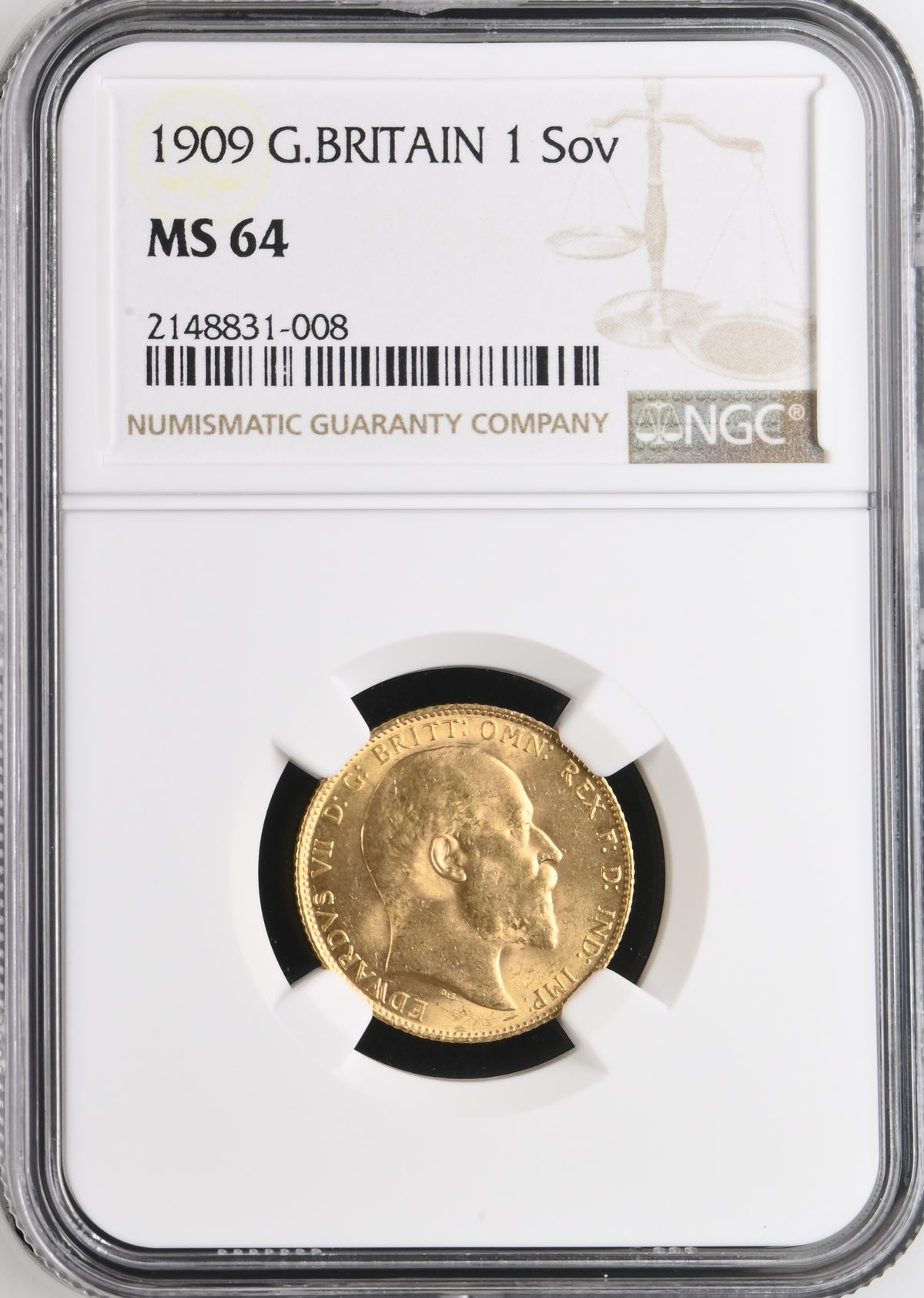 1909年 イギリス エドワード7世 1ソブリン金貨 NGC MS64(準最高鑑定クラス)