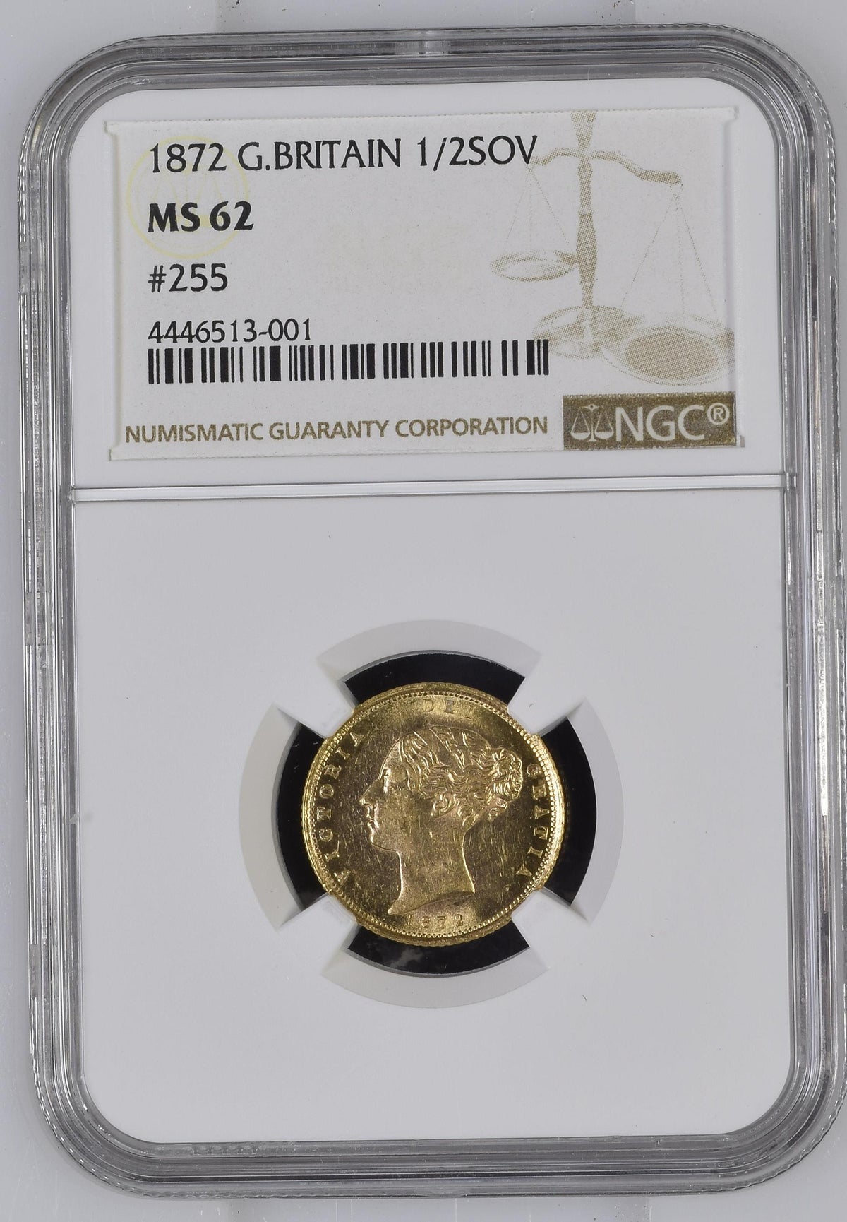1872年 イギリス ヴィクトリア ヤングヘッド 1/2ソブリン金貨 ダイナンバー255 NGC MS62