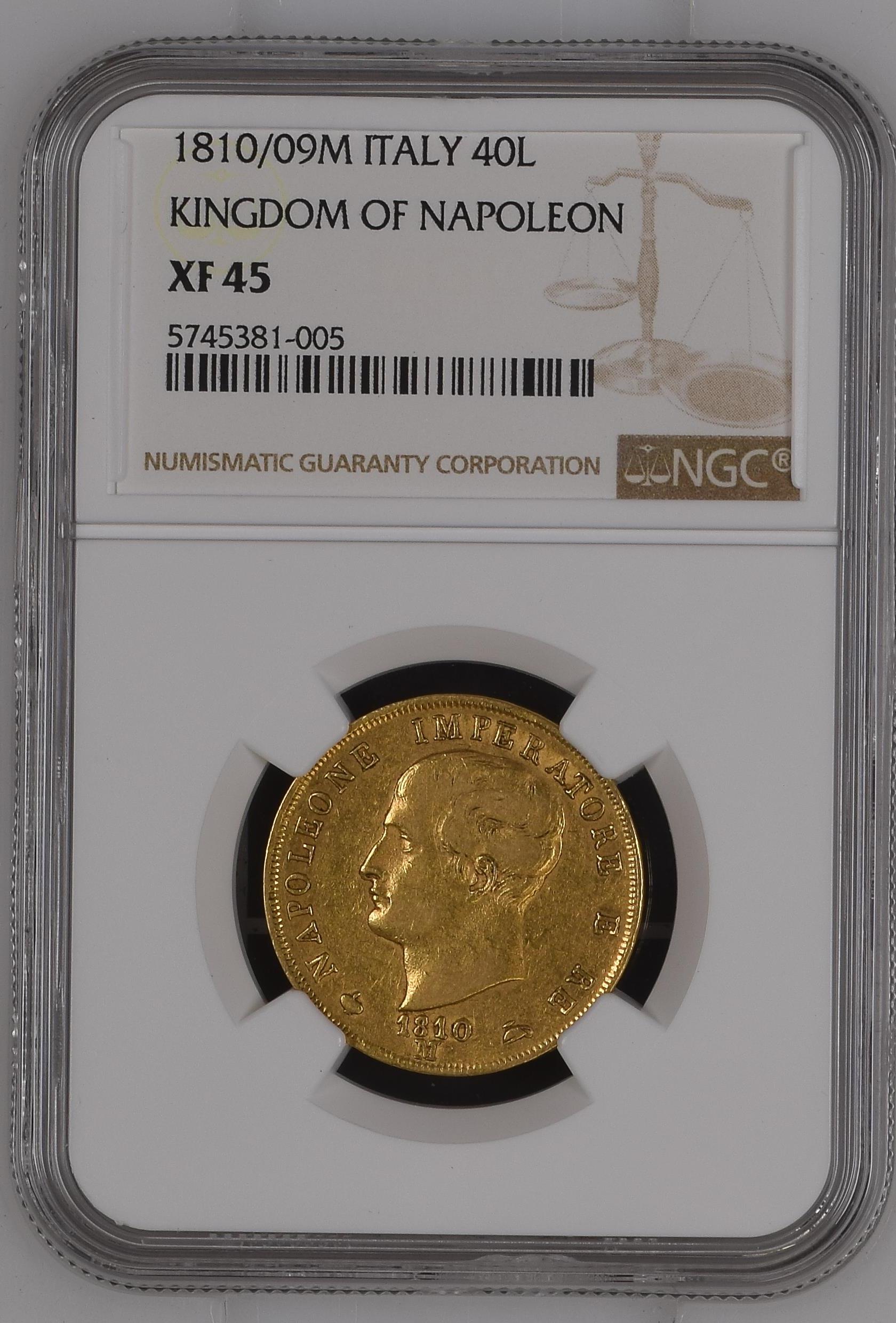1810/09M年 イタリア ナポレオン王国 40リレ金貨 オーバーデイト NGC XF45