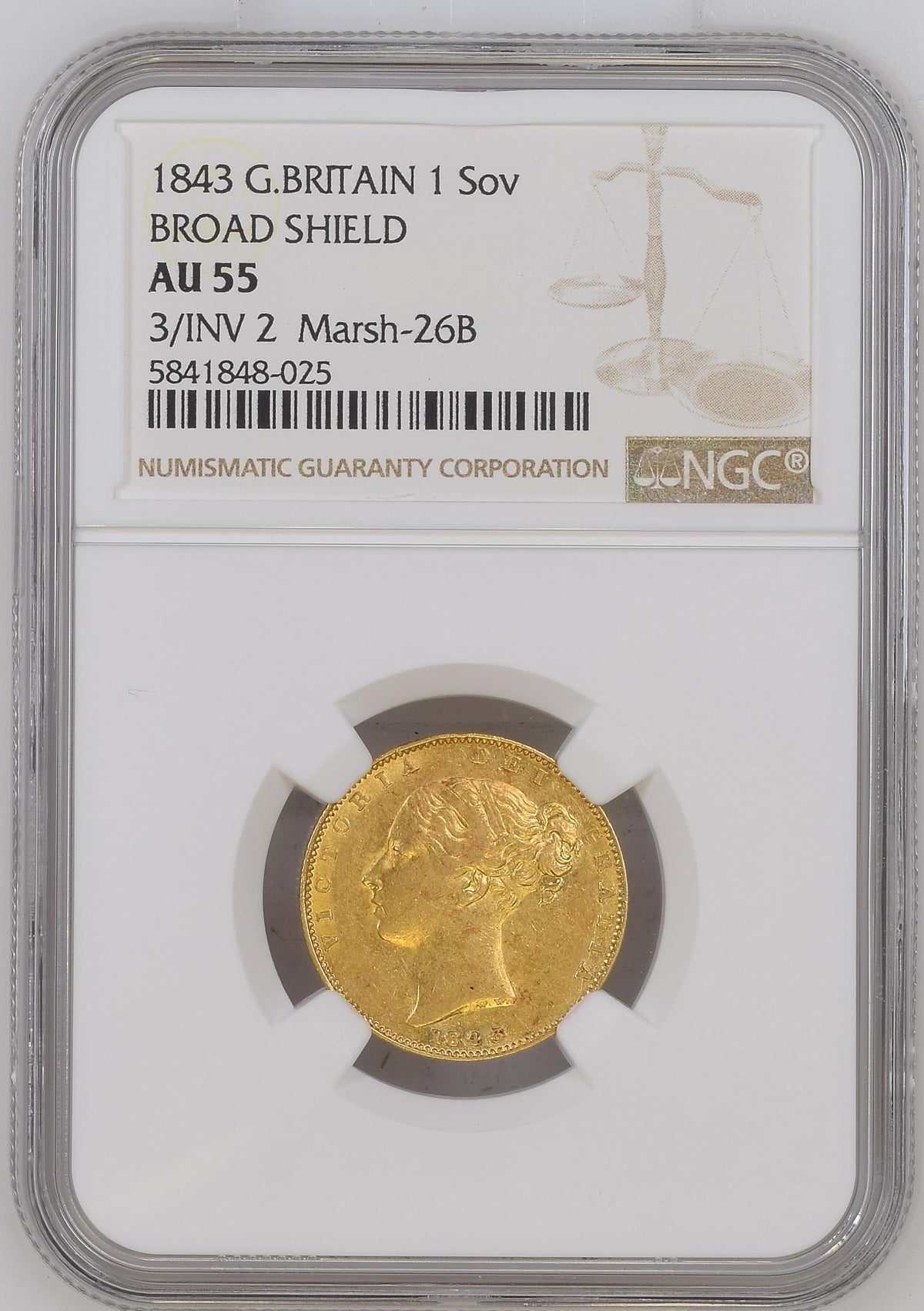1843/2年 イギリス ヴィクトリア ヤングヘッド 1ソブリン金貨 (3/INV 2) MARSH-26B NGC AU55