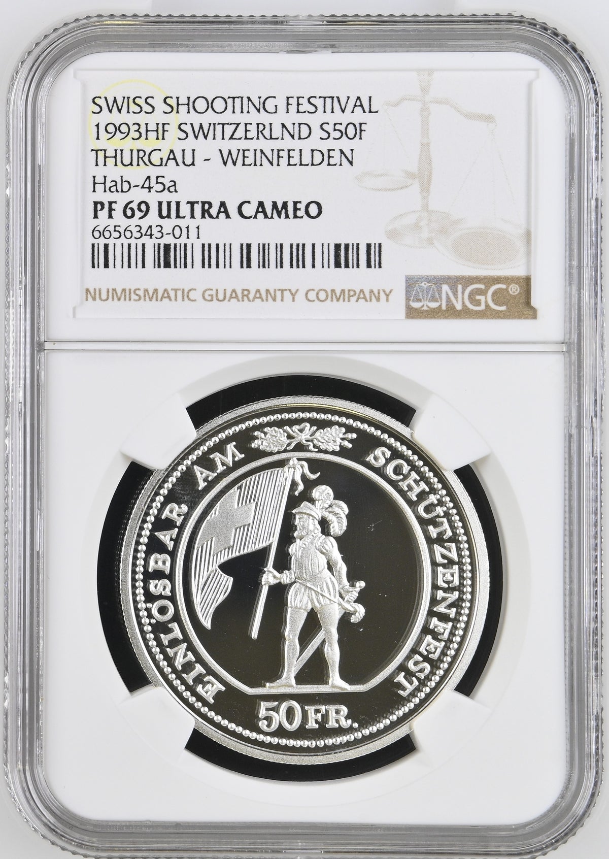 1993年 スイス トゥールガウ 射撃祭 50フラン銀貨 NGC PF69 UCAM