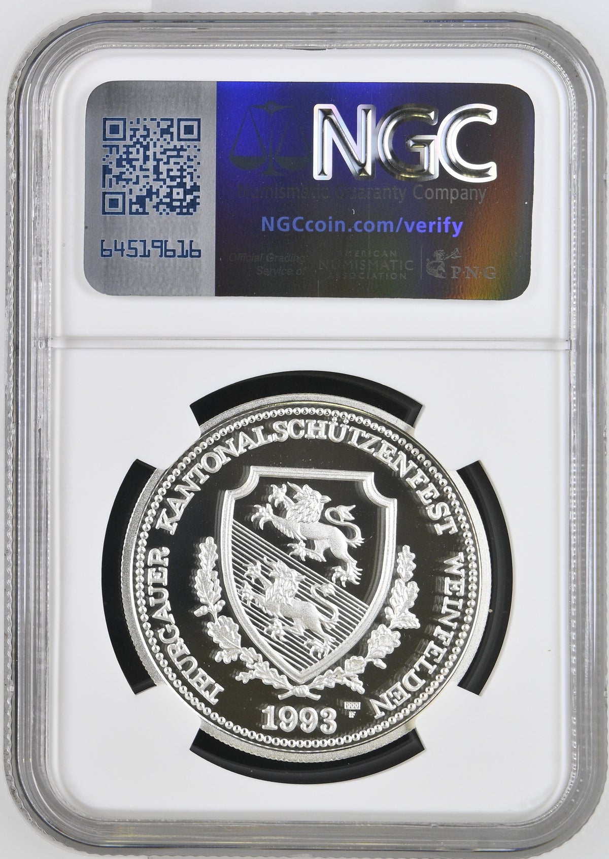 1993年 スイス トゥールガウ 射撃祭 50フラン銀貨 NGC PF69 UCAM