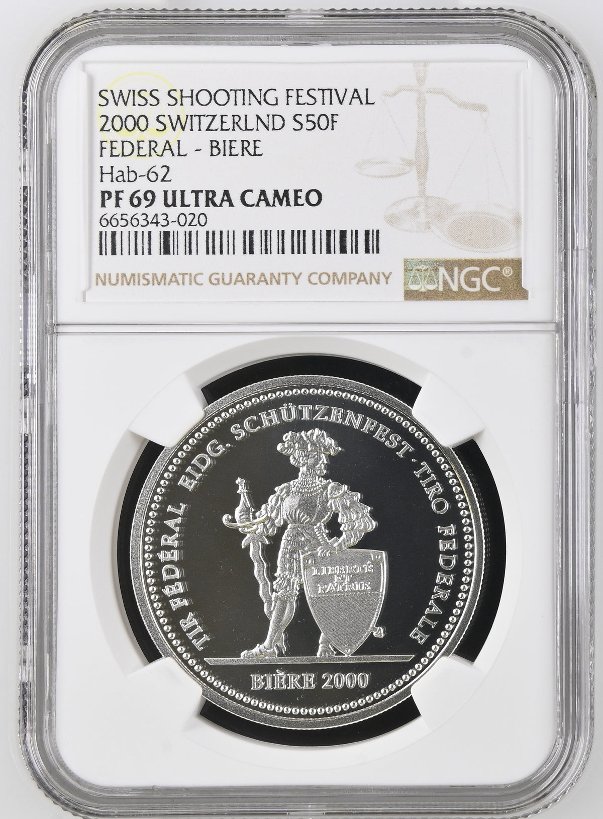 2000年 スイス ビエール 射撃祭 50フラン銀貨 NGC PF69 UCAM