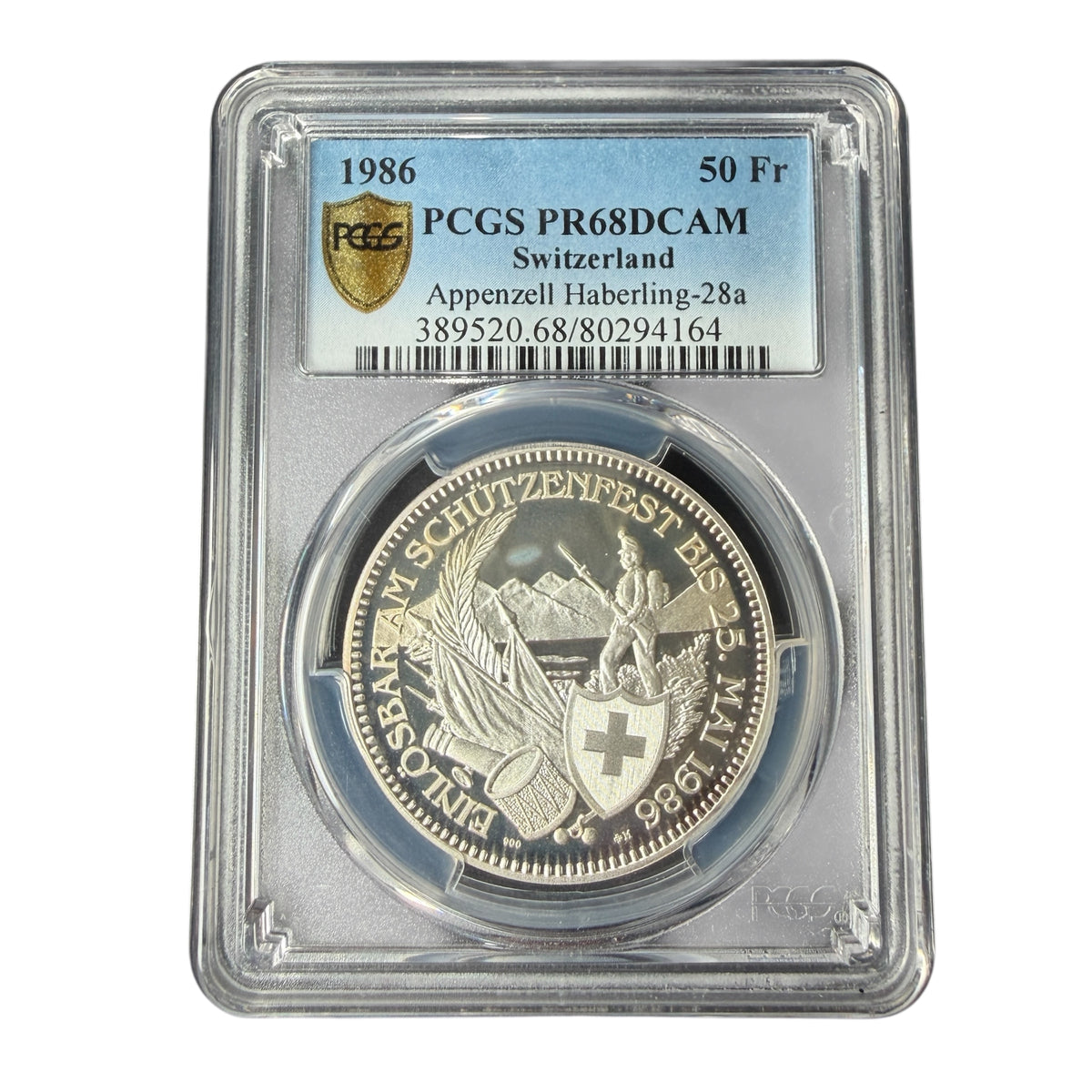 1986年 スイス 射撃祭 50フラン銀貨 PCGS PR68 DCAM