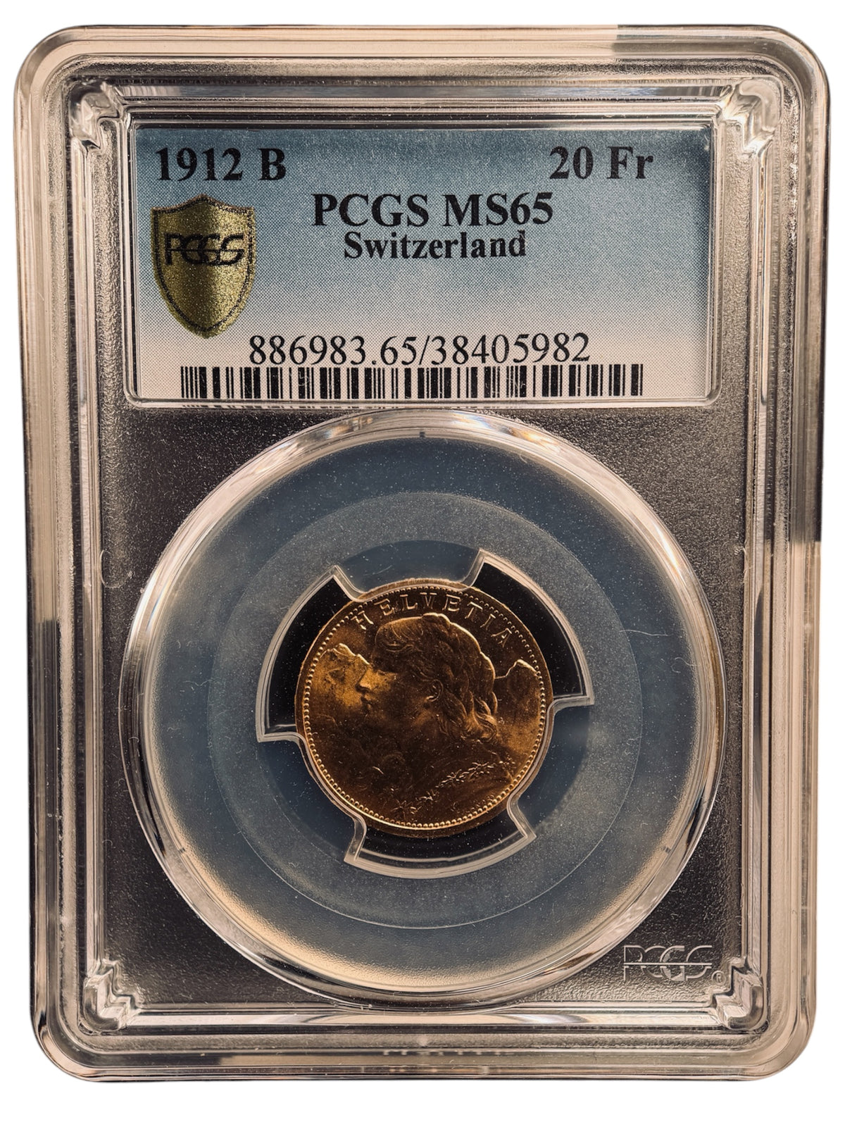 【高鑑定】1912-B スイス 20フラン金貨(ブレネーゼ / ヘルベチア) PCGS MS65