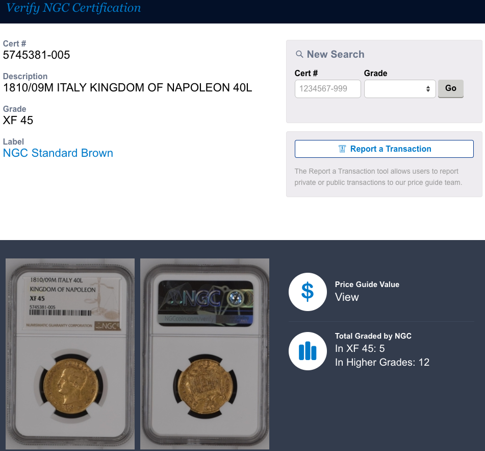 1810/09M年 イタリア ナポレオン王国 40リレ金貨 オーバーデイト NGC XF45
