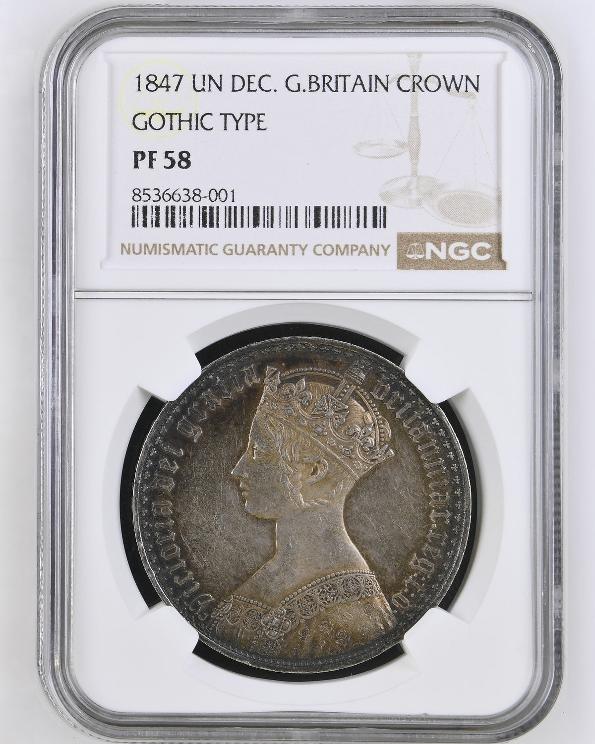 【レインボートーン】1847年 イギリス ヴィクトリア ゴシッククラウン銀貨 アンデシモ PF58