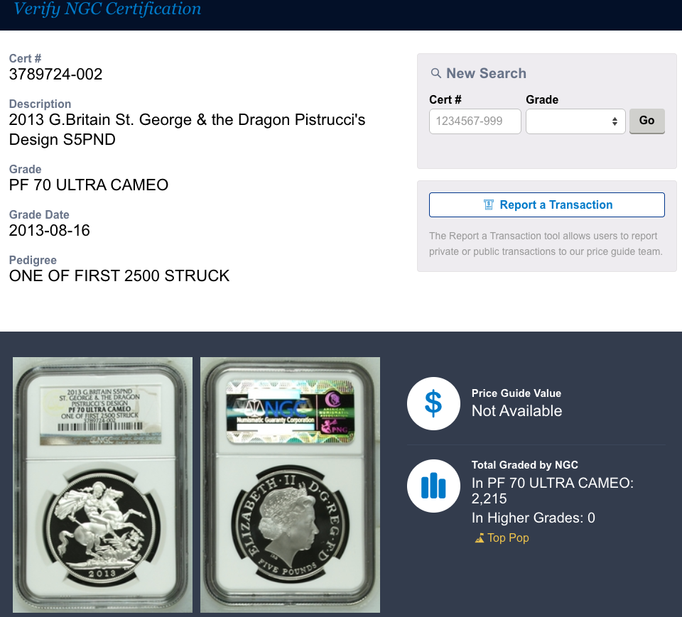 【最高鑑定・Top Pop】2013年 イギリス 聖ジョージと竜 5ポンド銀貨 ピストルッチ・デザイン NGC PF70 ULTRA CAMEO