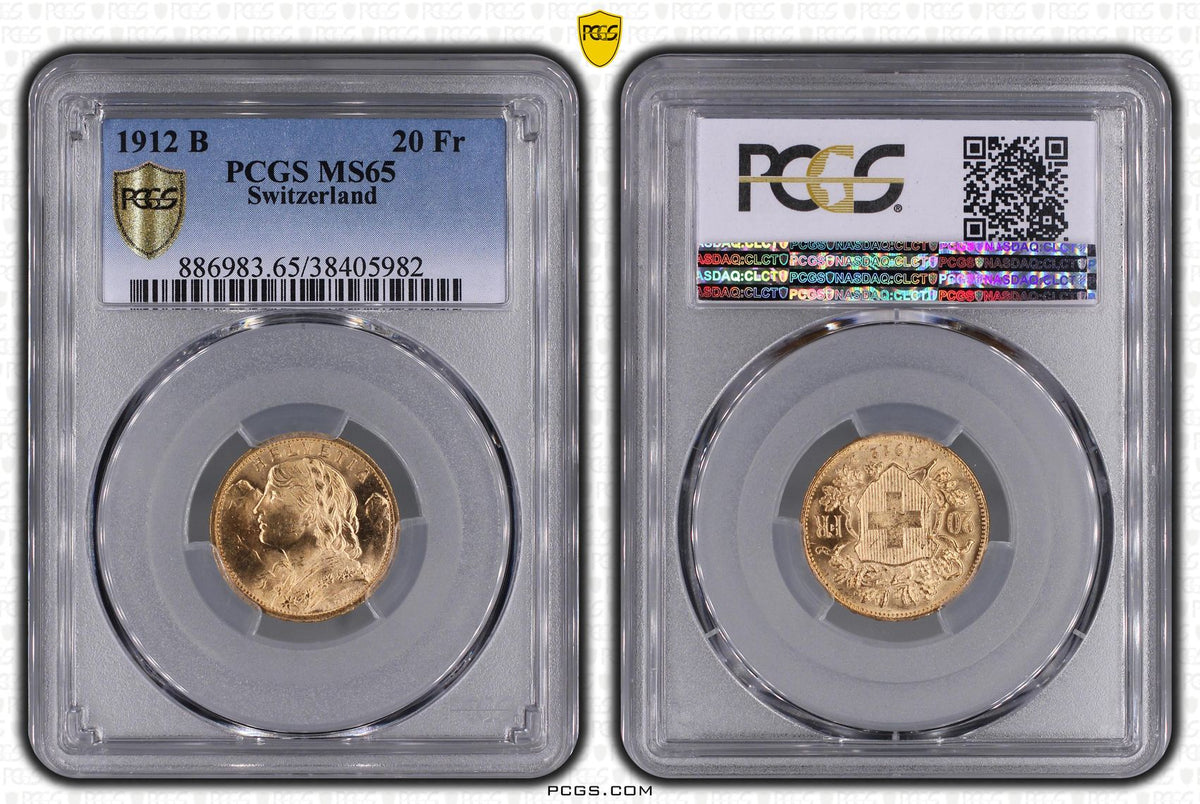 【高鑑定】1912-B スイス 20フラン金貨（ブレネーゼ / ヘルベチア） PCGS MS65