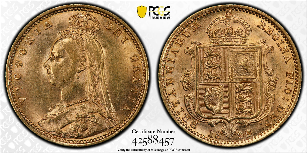 【Top Pop・希少個体】1892年 イギリス ヴィクトリア女王 1/2ソブリン金貨（S-3869C No JEB High Shld）PCGS MS62