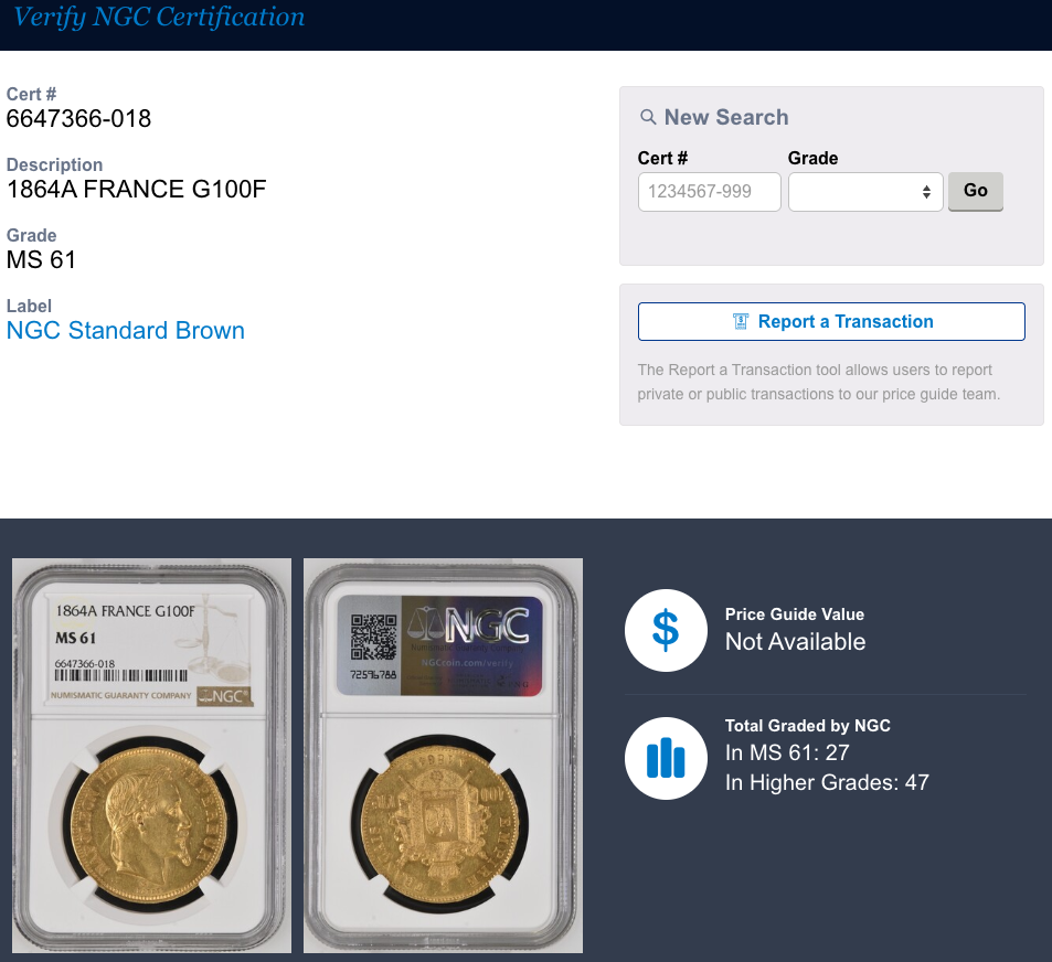 1864年A フランス ナポレオン3世 100フラン金貨 NGC MS61