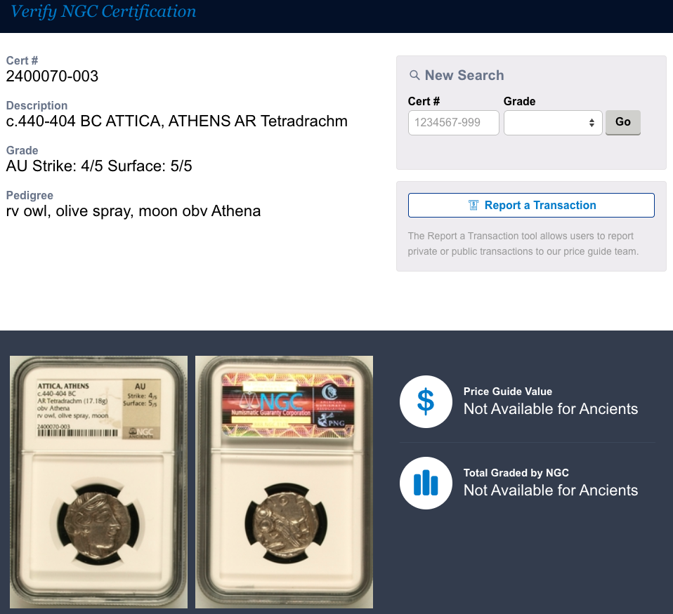 紀元前440-404年 古代ギリシャ アテネ フクロウ テトラドラクマ銀貨 NGC AU (Strike:4/5 Surface:5/5)