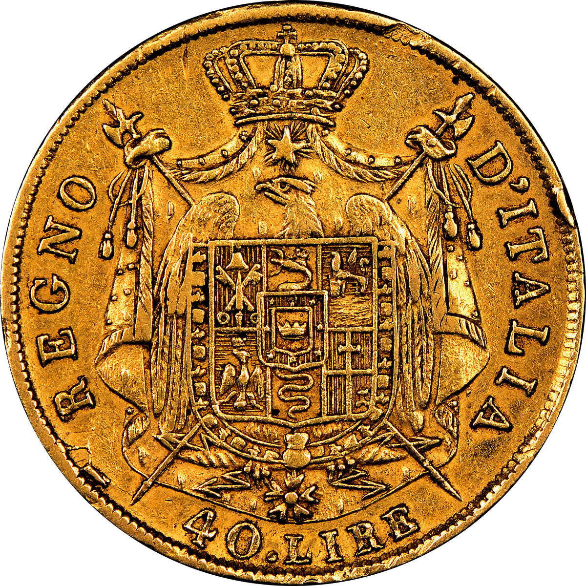 1810/09M年 イタリア ナポレオン王国 40リレ金貨 オーバーデイト NGC XF45