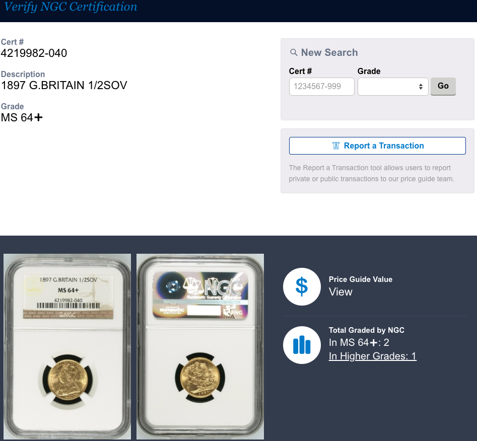 1897年 イギリス ヴィクトリア オールドヘッド 1/2ソブリン金貨 NGC MS64+（準最高鑑定クラス）