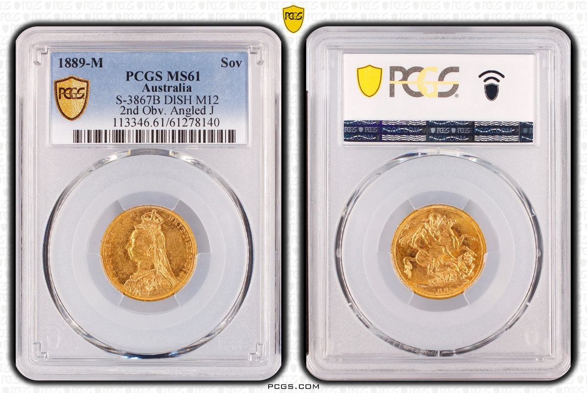 1889-M オーストラリア ソブリン金貨（S-3867B Dish M12 2nd Obv. Angled J）PCGS MS61