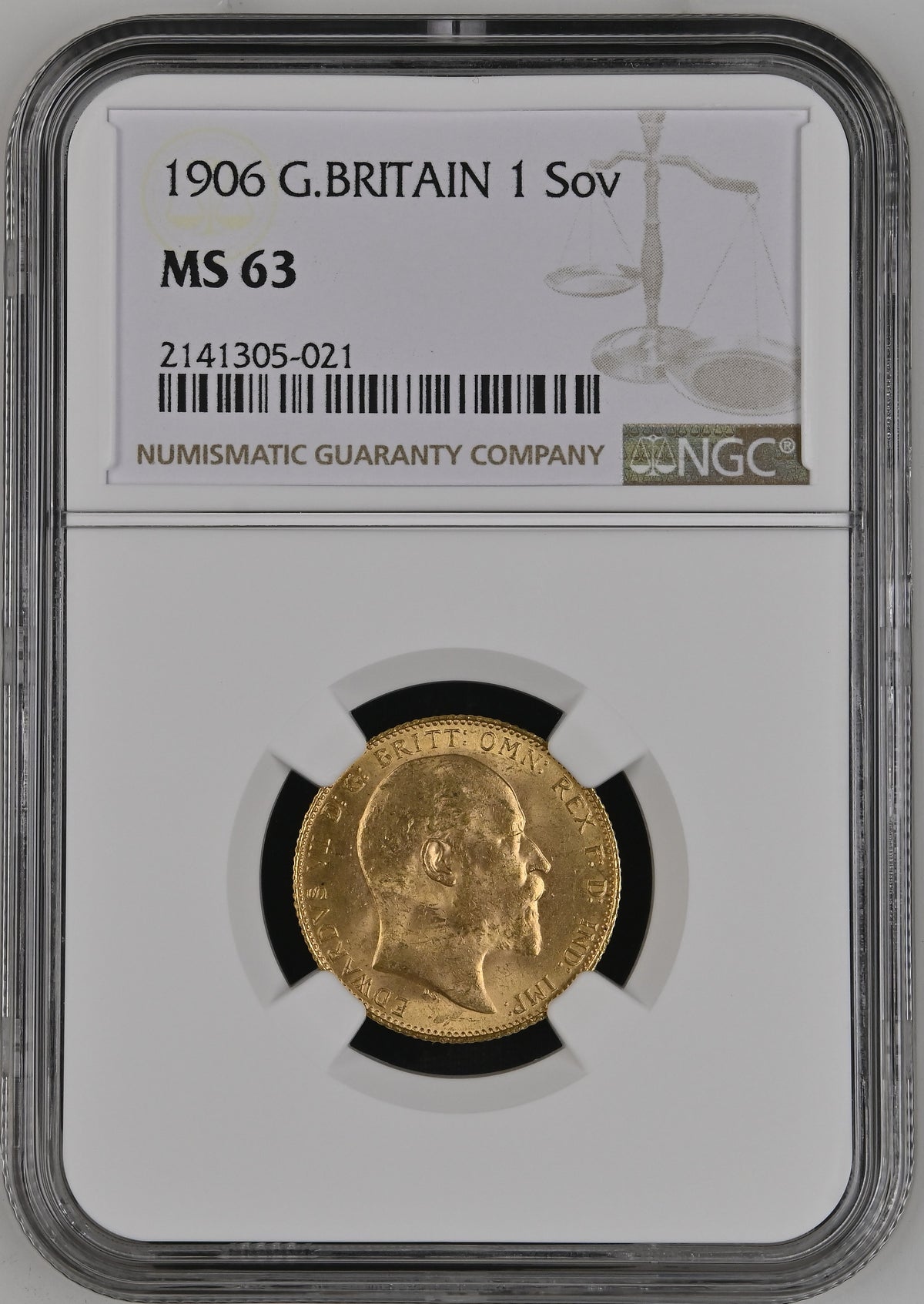1906年 イギリス エドワード7世 1ソブリン金貨 NGC MS63