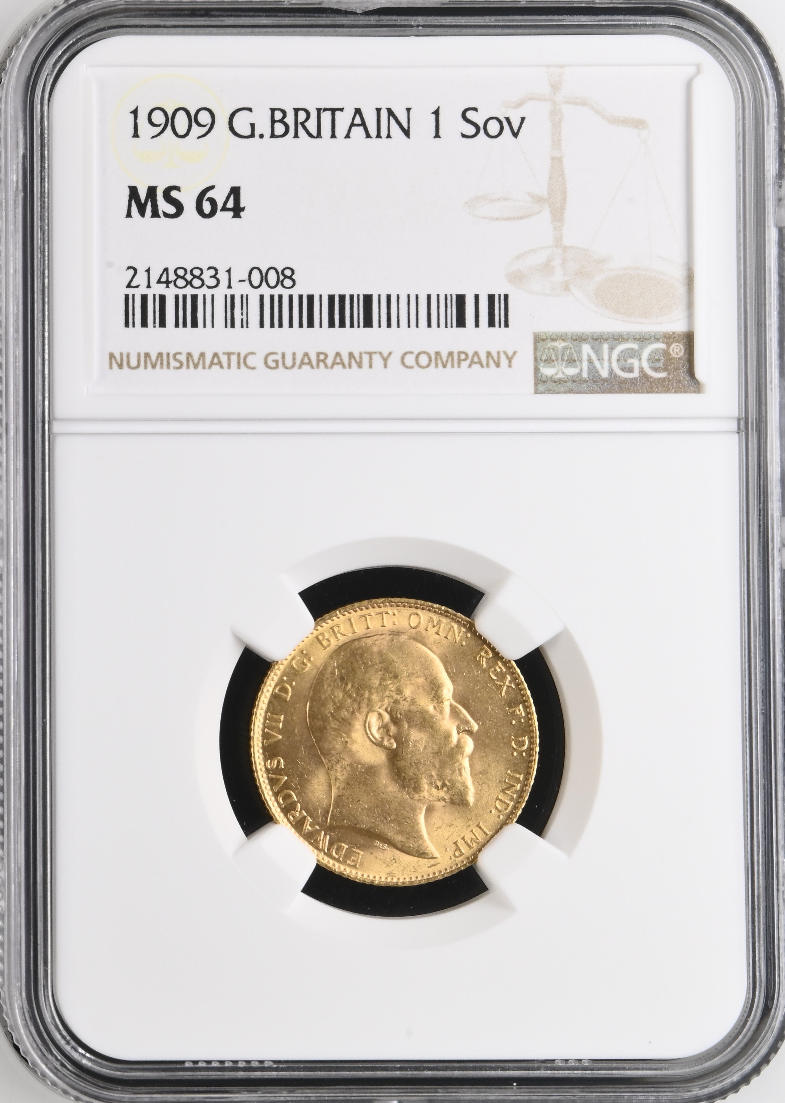 1909年 イギリス エドワード7世 1ソブリン金貨 NGC MS64（準最高鑑定クラス）