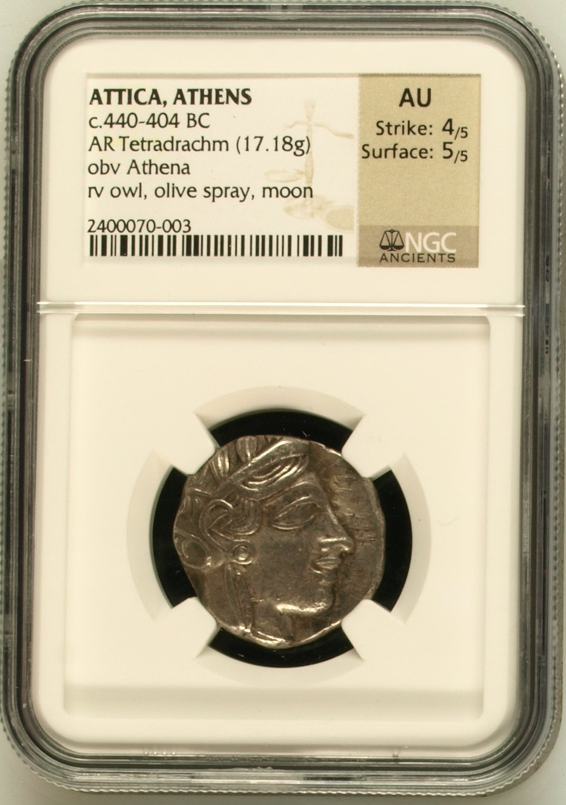 紀元前440-404年 古代ギリシャ アテネ フクロウ テトラドラクマ銀貨 NGC AU (Strike:4/5 Surface:5/5)