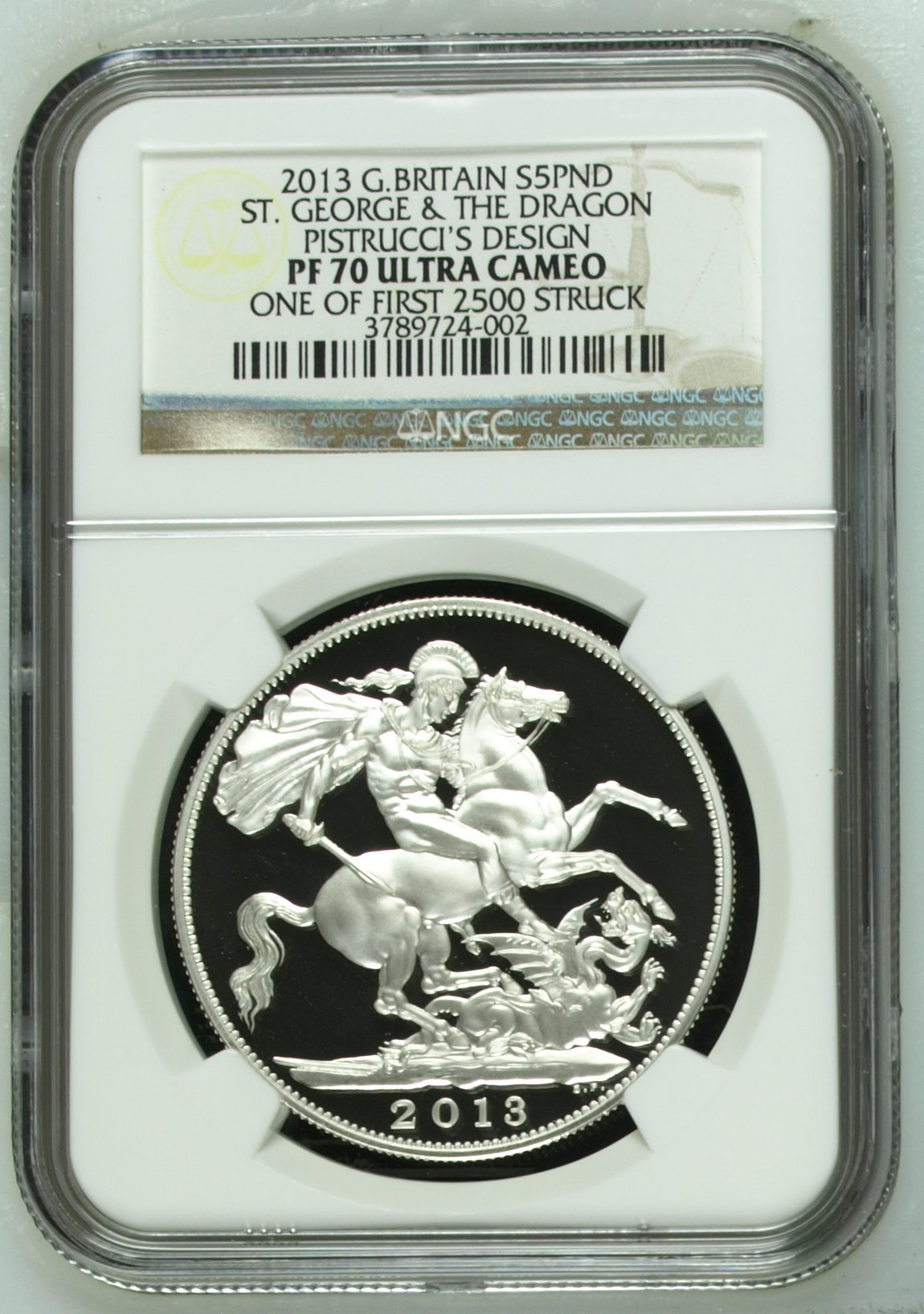 【最高鑑定・Top Pop】2013年 イギリス 聖ジョージと竜 5ポンド銀貨 ピストルッチ・デザイン NGC PF70 ULTRA CAMEO