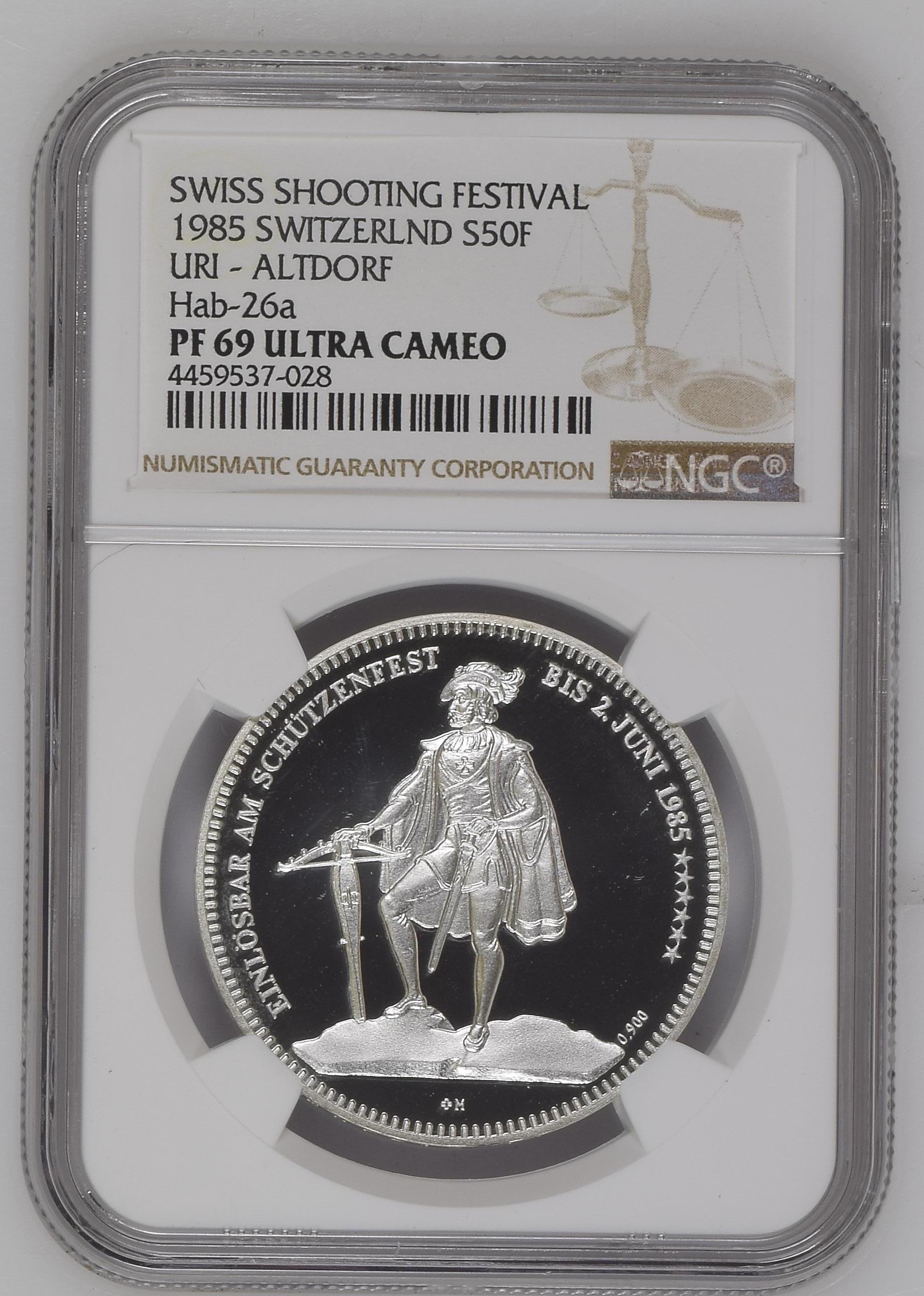 1985年 スイス ウーリ アルトドルフ 射撃祭 50フラン銀貨 NGC PF69 UCAM