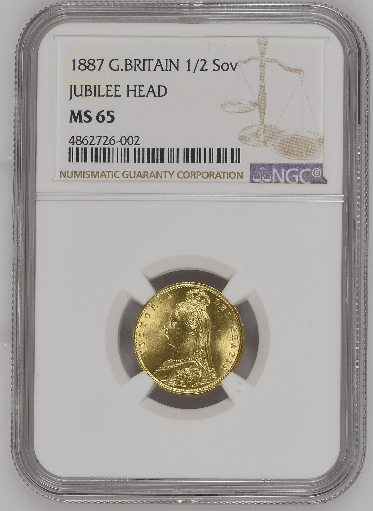 1887年 イギリス ヴィクトリア女王 ジュビリーヘッド 1/2ソブリン金貨 NGC MS65（高鑑定）