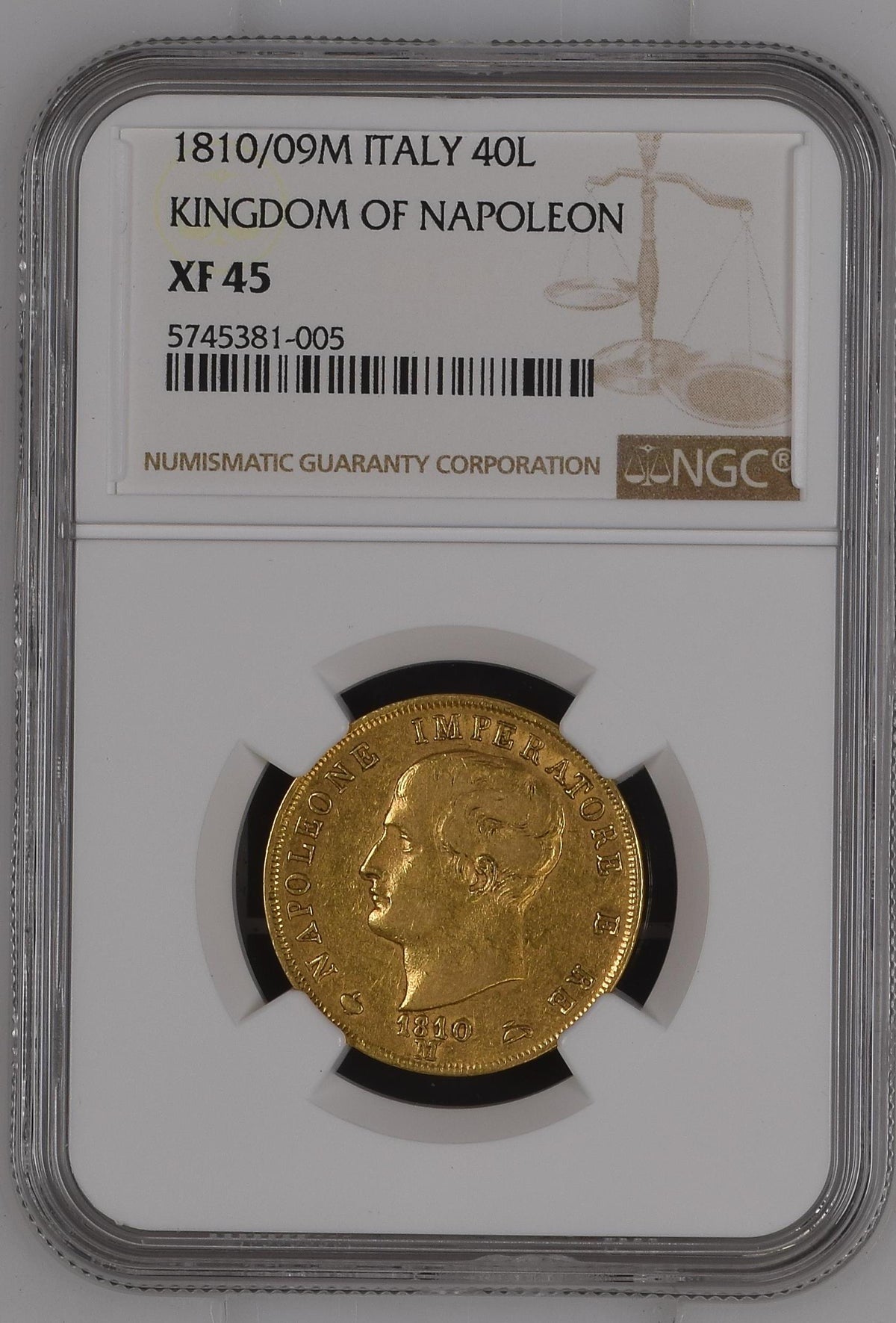 1810/09M年 イタリア ナポレオン王国 40リレ金貨 オーバーデイト NGC XF45