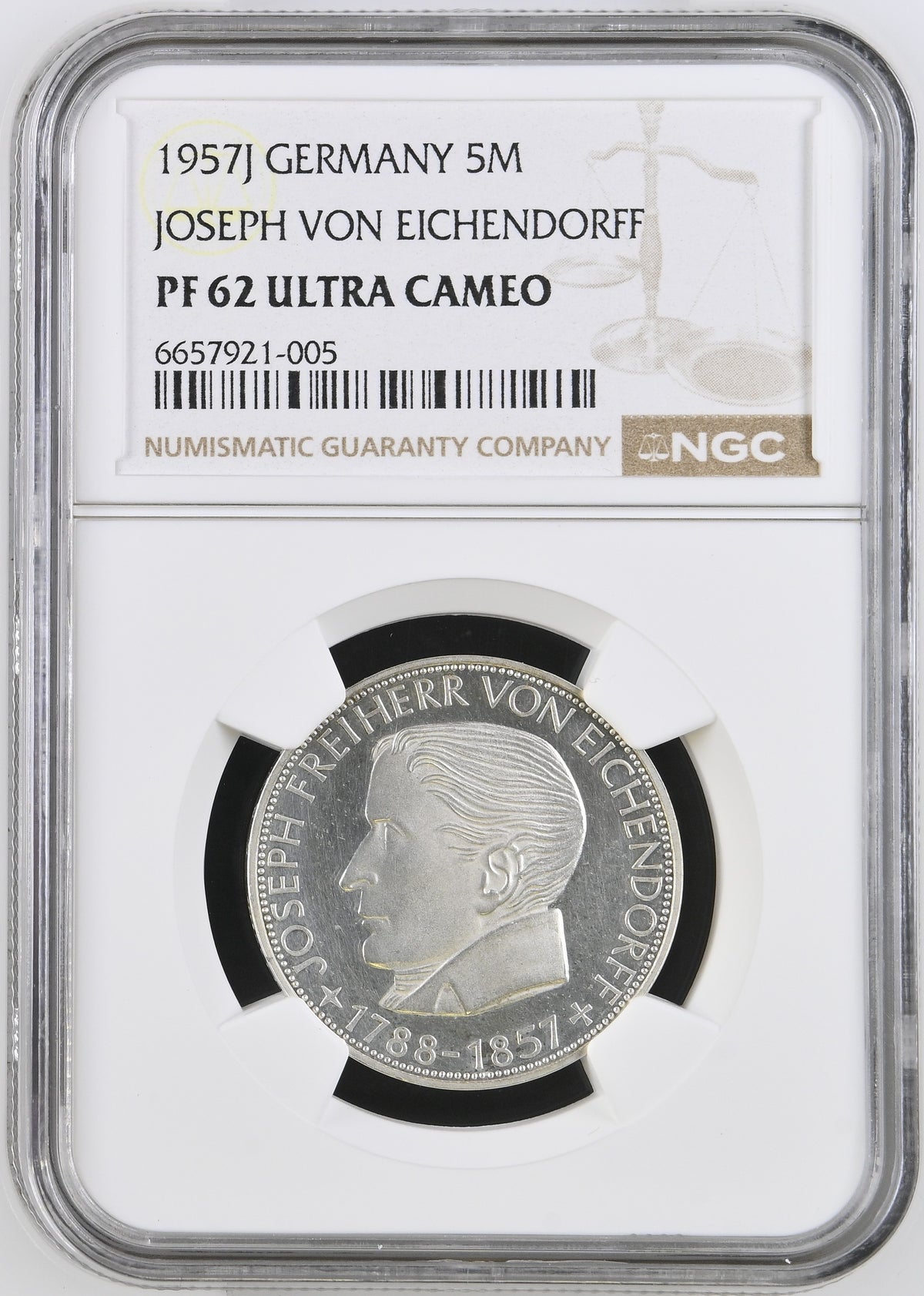 1957年J 西ドイツ アイヒエンドルフ 5マルク銀貨 ハンブルクミント NGC PF62 ULTRA CAMEO