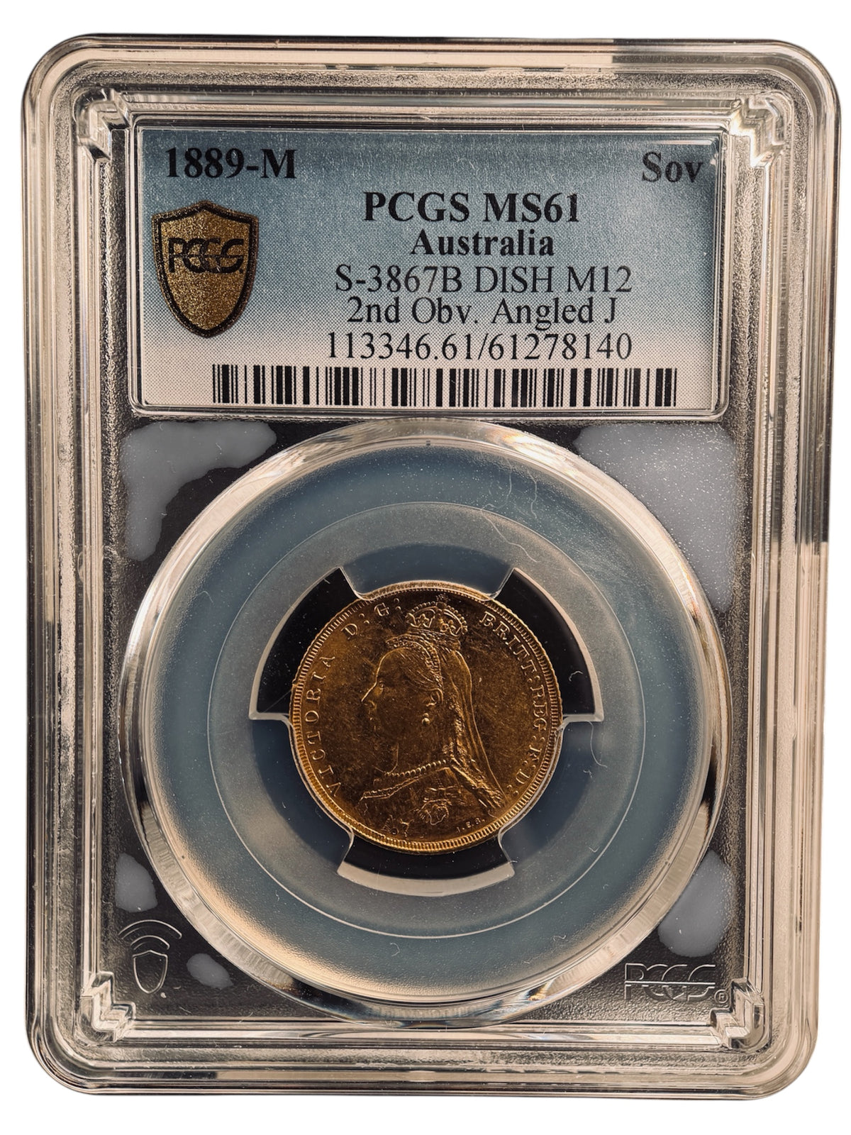 1889-M オーストラリア ソブリン金貨（S-3867B Dish M12 2nd Obv. Angled J）PCGS MS61