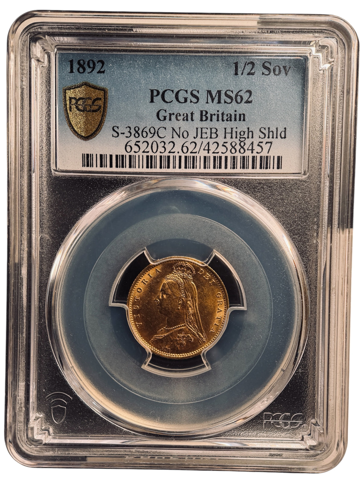 【Top Pop・希少個体】1892年 イギリス ヴィクトリア女王 1/2ソブリン金貨（S-3869C No JEB High Shld）PCGS MS62