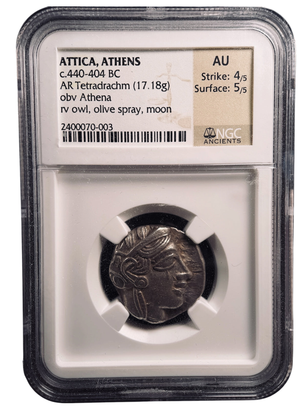 紀元前440-404年 古代ギリシャ アテネ フクロウ テトラドラクマ銀貨 NGC AU (Strike:4/5 Surface:5/5)
