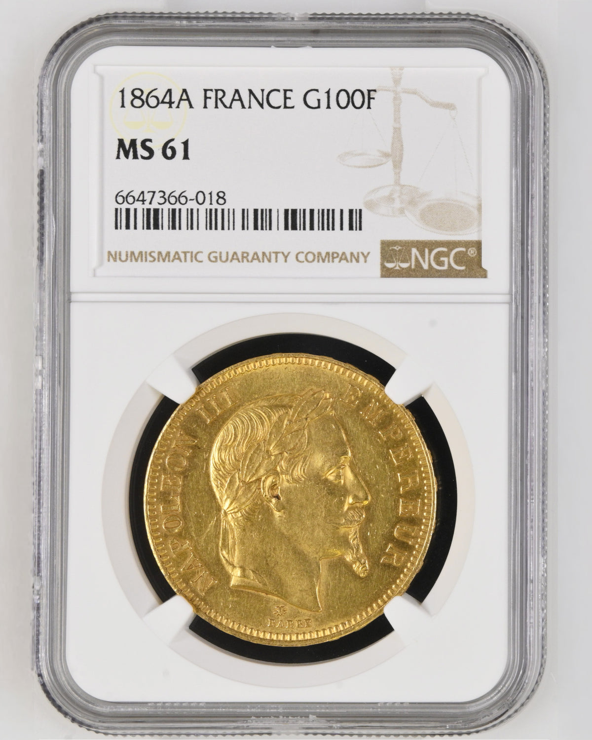 1864年A フランス ナポレオン3世 100フラン金貨 NGC MS61