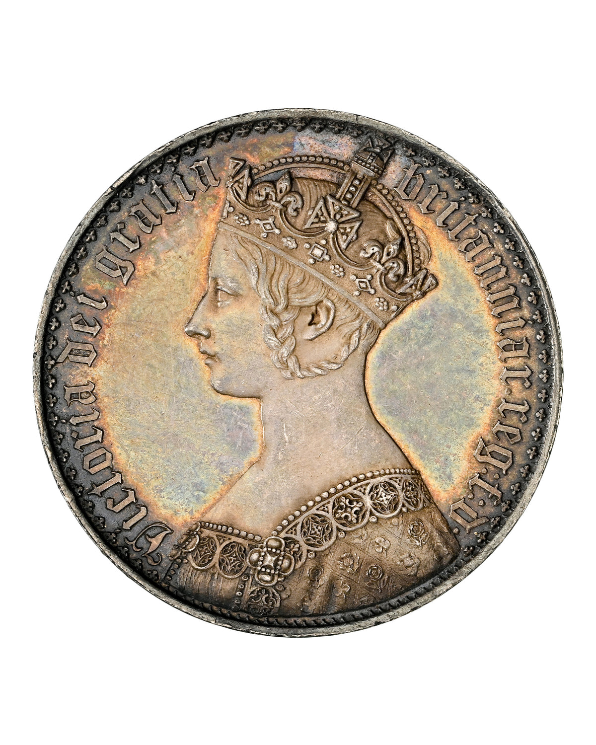 【レインボートーン】1847年 イギリス ヴィクトリア ゴシッククラウン銀貨 アンデシモ PF58