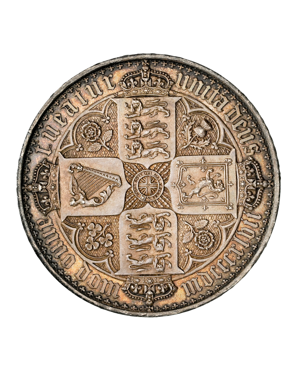 【レインボートーン】1847年 イギリス ヴィクトリア ゴシッククラウン銀貨 アンデシモ PF58
