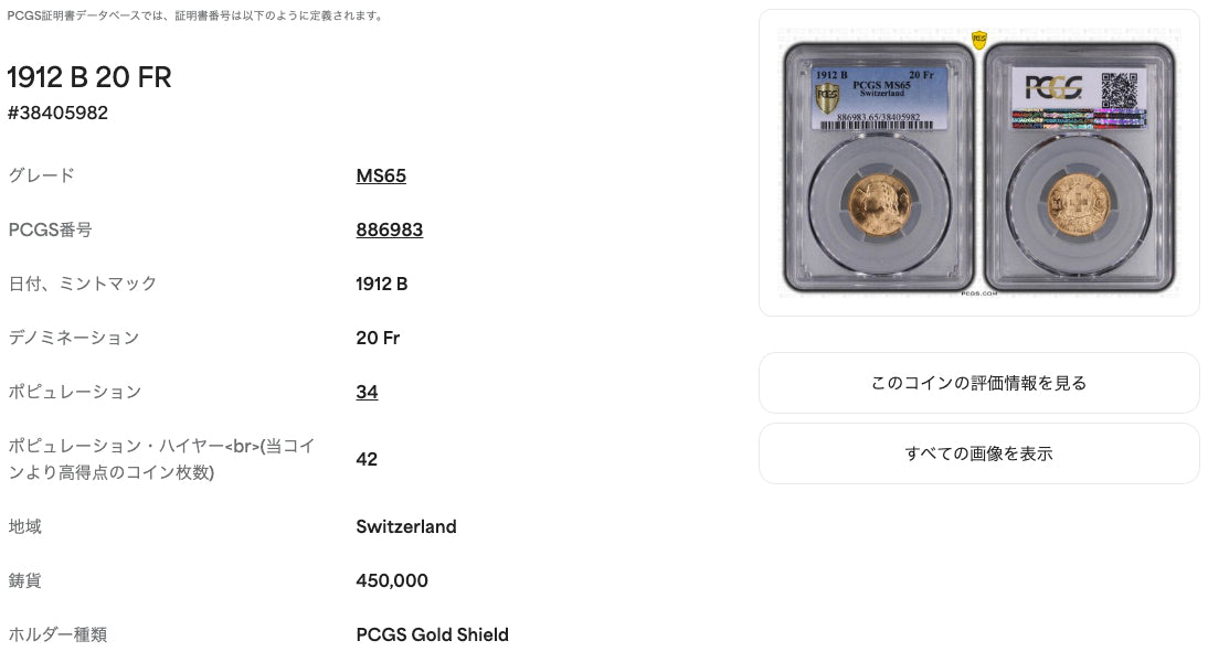 【高鑑定】1912-B スイス 20フラン金貨（ブレネーゼ / ヘルベチア） PCGS MS65